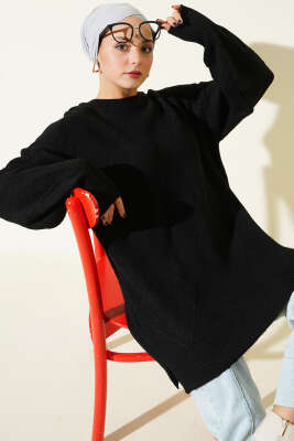 Baklava Kabartmalı Yumoş Triko Tunik Siyah