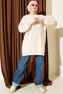 Baklava Kabartmalı Yumoş Triko Tunik Taş - Tunik