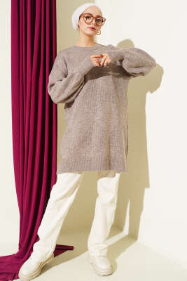 Baklava Kabartmalı Yumoş Triko Tunik Vizon - Tunik