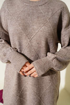 Baklava Kabartmalı Yumoş Triko Tunik Vizon - Tunik