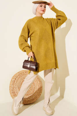 Baklava Kabartmalı Yumoş Triko Tunik Yağ Yeşili - Tunik