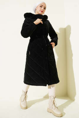 Baklava Kapitone Kapüşonlu Mont Siyah - MUSTİ