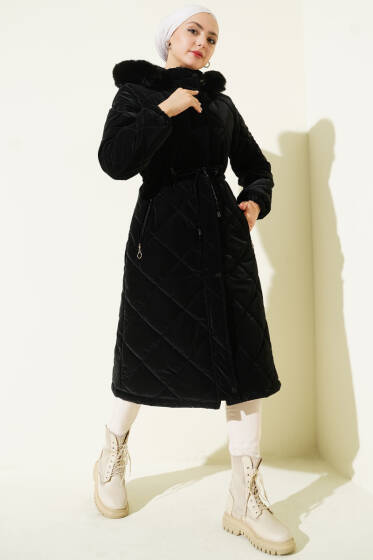 Baklava Kapitone Kapüşonlu Mont Siyah - Mont