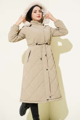 Baklava Kapitone Kapüşonlu Mont Vizon - MUSTİ