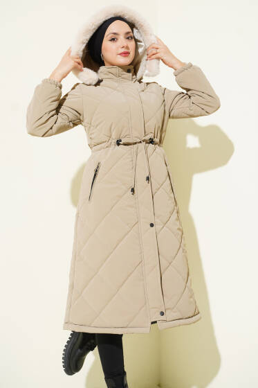 Baklava Kapitone Kapüşonlu Mont Vizon - Mont