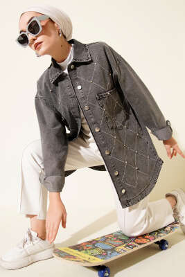 Baklava Taşlı Kot Ceket Füme - FİXAY