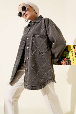 Baklava Taşlı Kot Ceket Füme - Ceket