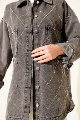 Baklava Taşlı Kot Ceket Füme - Ceket