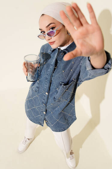 Baklava Taşlı Kot Ceket Kot Mavisi - Ceket