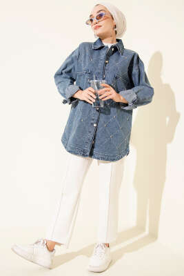 Baklava Taşlı Kot Ceket Kot Mavisi - Ceket