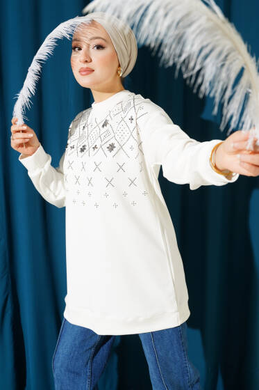 Baklava Taşlı Loyşa Tunik Ekru - Tunik