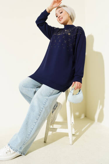 Baklava Taşlı Loyşa Tunik Lacivert - Tunik