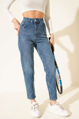 Baklava Taşlı Mom Jeans Pantolon Mavi - Kadın Giyim Modelleri
