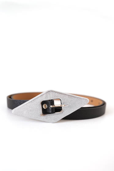 Baklava Tokalı Kemer Siyah Gümüş - Deri Kemer