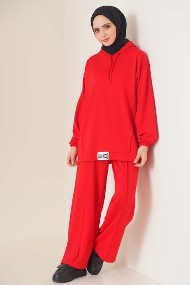 Balance Yazı Armalı Kapüşonlu Kırmızı İkili Takım - İkili Takım