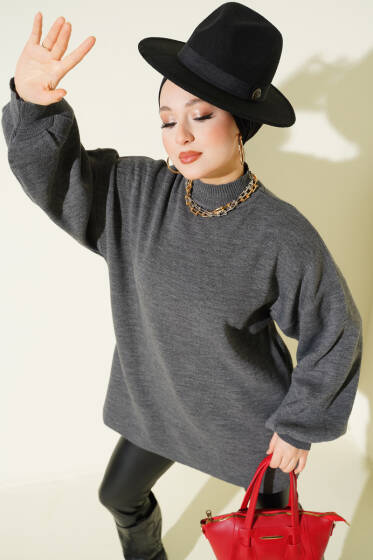 Balıkçı Yaka Balon Kol Triko Tunik Antrasit - Tunik