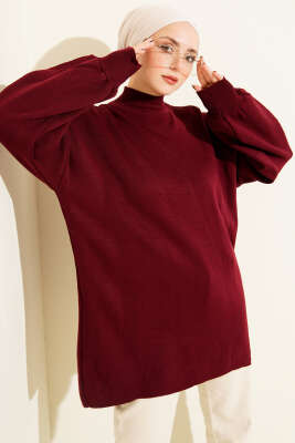 Balıkçı Yaka Balon Kol Triko Tunik Bordo - KILIÇ TRİKO