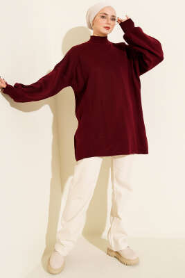 Balıkçı Yaka Balon Kol Triko Tunik Bordo - Tunik