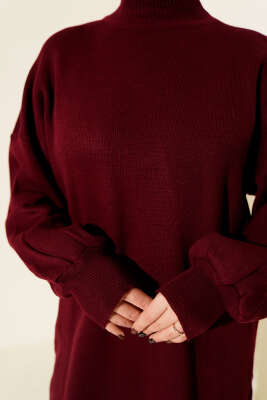 Balıkçı Yaka Balon Kol Triko Tunik Bordo - Tunik