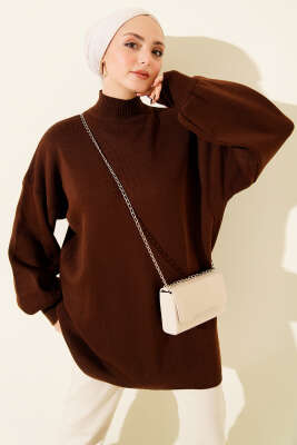 Balıkçı Yaka Balon Kol Triko Tunik Kahve - KILIÇ TRİKO