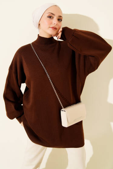 Balıkçı Yaka Balon Kol Triko Tunik Kahve - Tunik