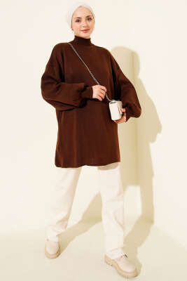 Balıkçı Yaka Balon Kol Triko Tunik Kahve - Tunik