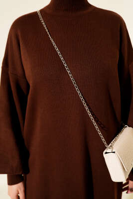 Balıkçı Yaka Balon Kol Triko Tunik Kahve - Tunik