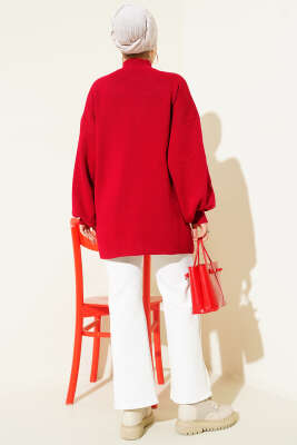 Balıkçı Yaka Balon Kol Triko Tunik Kırmızı - Tunik