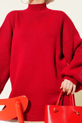 Balıkçı Yaka Balon Kol Triko Tunik Kırmızı - Tunik