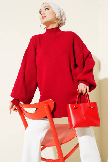 Balıkçı Yaka Balon Kol Triko Tunik Kırmızı - Yılın Fırsatı