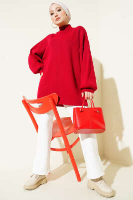Balıkçı Yaka Balon Kol Triko Tunik Kırmızı - Yılın Fırsatı