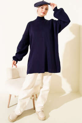 Balıkçı Yaka Balon Kol Triko Tunik Lacivert - Tunik