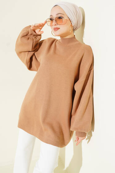 Balıkçı Yaka Balon Kol Triko Tunik Latte - Tunik