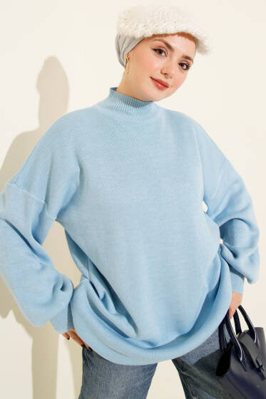 Balıkçı Yaka Balon Kol Triko Tunik Mavi - Tunik