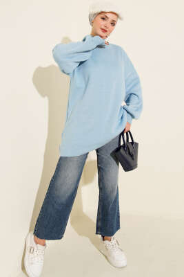 Balıkçı Yaka Balon Kol Triko Tunik Mavi - Tunik