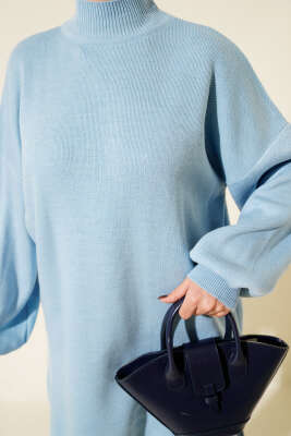 Balıkçı Yaka Balon Kol Triko Tunik Mavi - Tunik