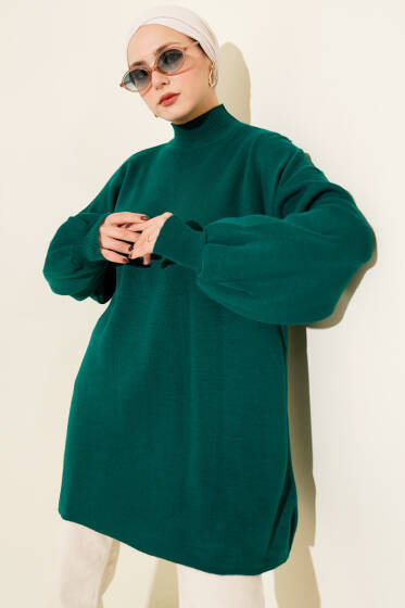 Balıkçı Yaka Balon Kol Triko Tunik Nefti - Tunik