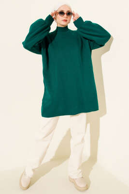 Balıkçı Yaka Balon Kol Triko Tunik Nefti - Yılın Fırsatı