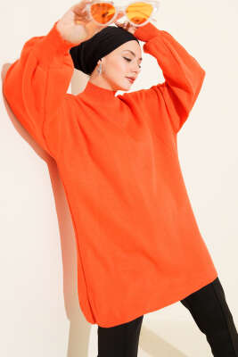 Balıkçı Yaka Balon Kol Triko Tunik Oranj - KILIÇ TRİKO