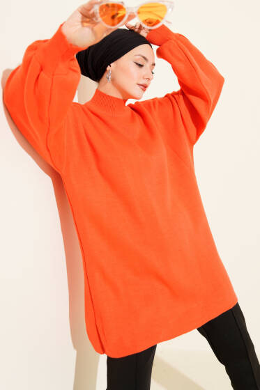 Balıkçı Yaka Balon Kol Triko Tunik Oranj - Tunik