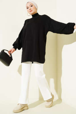 Balıkçı Yaka Balon Kol Triko Tunik Siyah - Yılın Fırsatı
