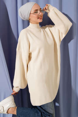 Balıkçı Yaka Balon Kol Triko Tunik Taş - KILIÇ TRİKO