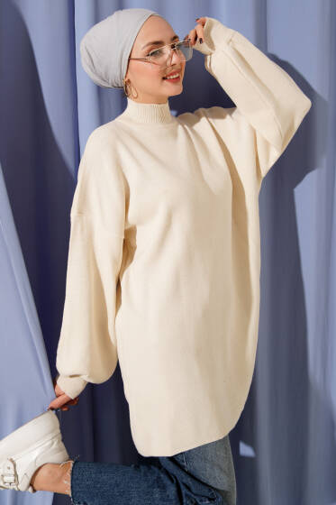 Balıkçı Yaka Balon Kol Triko Tunik Taş - Tunik