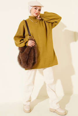 Balıkçı Yaka Balon Kol Triko Tunik Yağ Yeşili - Tunik