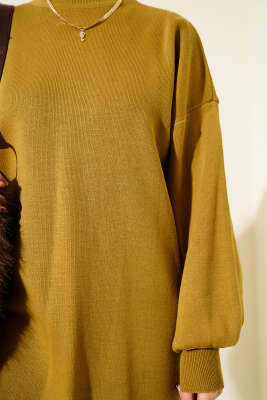 Balıkçı Yaka Balon Kol Triko Tunik Yağ Yeşili - Tunik