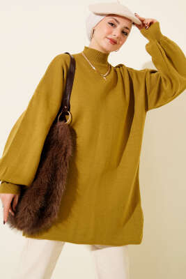 Balıkçı Yaka Balon Kol Triko Tunik Yağ Yeşili 