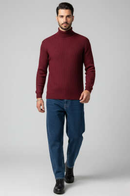 Balıkçı Yaka Basic Erkek Triko Kazak Bordo - Erkek Kazak