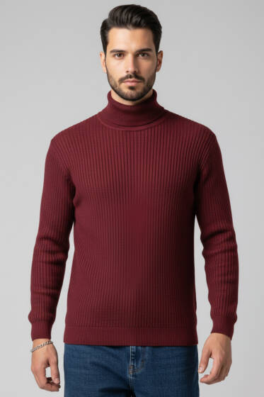 Balıkçı Yaka Basic Erkek Triko Kazak Bordo - Erkek Kazak