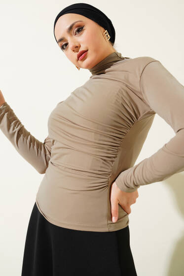 Balıkçı Yaka Büzgülü Bluz Vizon - Bluz