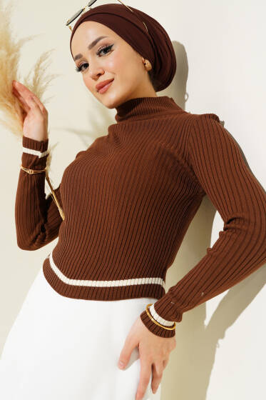 Balıkçı Yaka Çizgi Detay Triko Kazak Kahve - Triko